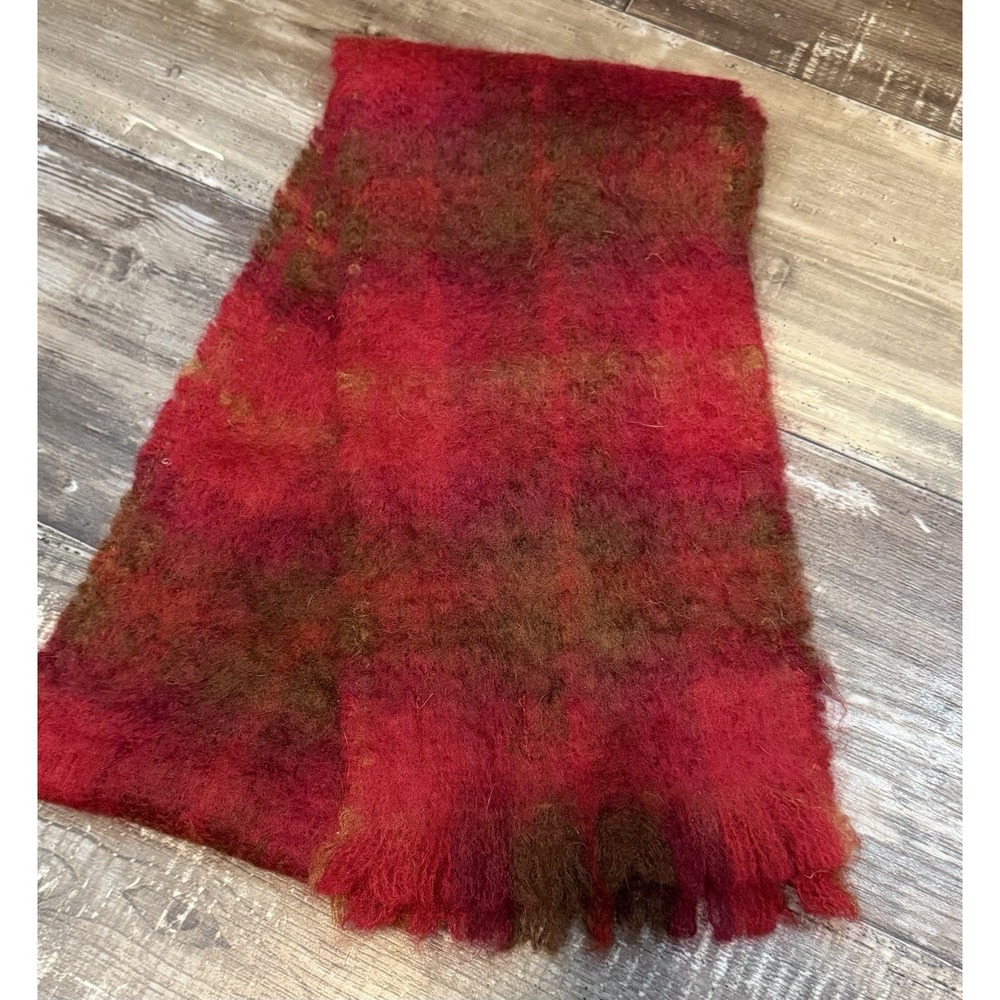 Vintage Cushendale Ireland Mohair Wool Plaid Scarf Red Brown Fringe